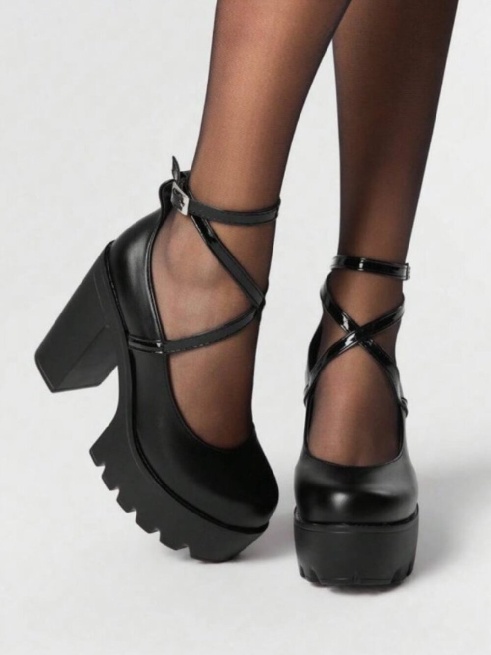 Black Platform Criss Cross Strappy Shoes Heels Gothic Lolita Club Punk Pinup 7